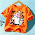 Kids Halloween Short Sleeve T-Shirt Cute Ghost Pumpkin Print Orange Toddler Holiday Top - Orange Cotton