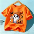 Halloween niños naranja camiseta manga corta lindo fantasma calabaza top gráfico para niños niñas - Algodón Naranja