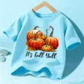 Light blue kids short sleeve t-shirt with autumn pumpkin graphic and print design for children. - Blue