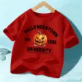 Camiseta roja de manga corta para niños con estampado de calabaza Halloween casual. - 110cm / Rojo Lavado