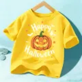 Children yellow Halloween short sleeve t-shirt pumpkin graphic kids holiday top sku - Yellow