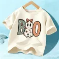 T-shirt Halloween beige manches courtes enfant, motif fantôme mignon, haut festif en coton doux. - Coton Beige