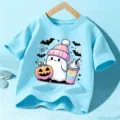Kids Halloween cartoon ghost print short sleeve light blue t-shirt for boys and girls - Blue Cotton