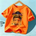 Orange kids Halloween short sleeve T-shirt featuring a cute spooky girl graphic print. - Orange Cotton