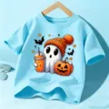Camiseta manga corta Halloween fantasma tierno azul claro variante ropa infantil modelo - Algodón Azul