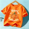 Kids Halloween orange short sleeve T-shirt holiday festive graphic top boys and girls. - Orange