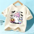 Cute Halloween ghost kids short sleeve t-shirt, casual beige cotton top for boys and girls. - Beige Cotton