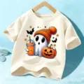 Camiseta de manga corta con estampado de fantasma de Halloween para niños y niñas - Algodón Beige