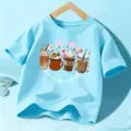 Kinder Kurzarm T-Shirt lässig süß Herbst Kürbis Kaffee Druck blaues Top Kinderbekleidung - Blaue Baumwolle