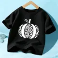 Kids black short sleeve t-shirt with white leopard pumpkin print for Halloween party wear. - 110cm / Cotton Black