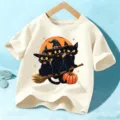 Kids Halloween T-shirt short sleeve cute black cat pumpkin graphic top for boys and girls - Cotton Apricot