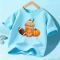 Kids Halloween short sleeve t-shirt featuring cute pumpkin spice latte and football graphic top. - Blue Cotton