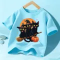 Halloween Kids T-Shirt Cute Black Cat Witch Hat Short Sleeve Cotton Tee Top For Boys Girls - Blue Cotton