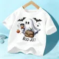 Kids Halloween white short sleeve t-shirt with cute ghost graphic casual top for boys and girls - 110cm / White