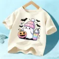 Cute Halloween ghost print kids short sleeve t-shirt casual top for boys and girls - Cotton Apricot