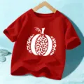 Red kids short sleeve t-shirt featuring a white leopard pumpkin graphic halloween top - 110cm / Cotton Red