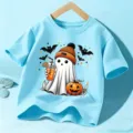 Kids Halloween Short Sleeve T-Shirt Cute Ghost Pumpkin Graphic Tee Top For Children - Blue Cotton