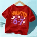 Kids Halloween short sleeve t-shirt red spooky ghost graphic casual top for boys and girls - 110cm / Washed Red