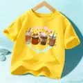 Kinder Kurzarm gelbes T-Shirt mit herbstlichem Kaffee-Print für Halloween Festkleidung. - Baumwolle Gelb