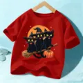 Kids Halloween short sleeve t-shirt, cute black cats graphic top for boys and girls. - 110cm / Cotton Red