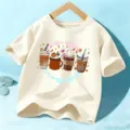Kinder Herbst Kaffee Print Kurzarm T-Shirt lässiges Halloween Festival Oberteil für Jungen - Baumwolle Aprikose