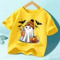 Kids Halloween short sleeve t-shirt bright yellow cute ghost graphic cotton festive boys girls top - Cotton Yellow