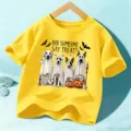 T-shirt Halloween enfant jaune manches courtes motif mignon chiens fantômes haut de fête - Jaune Lavé