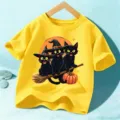 Kids Halloween Short Sleeve T-Shirt Yellow Cute Black Cat Witch Graphic Top for Boys Girls - Cotton Yellow