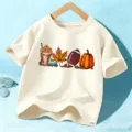 Camiseta de manga corta de otoño Halloween para niños y niñas top gráfico casual diario. - Algodón Beige