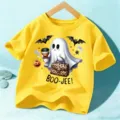 Maglietta maniche corte Halloween bambini, top giallo vivo con stampa fantasma simpatico per bimbi - Giallo