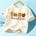 Kids Thanksgiving short sleeve T-shirt cute pumpkin turkey print casual cotton top for boys girls - Apricot