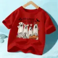 Παιδικό κόκκινο T-shirt Halloween με χαριτωμένο σκύλο-φάντασμα, γιορτινό κοντομάνικο τοπ. - 110cm / Πλυμένο Κόκκινο