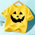 Kids Halloween Yellow T-Shirt Short Sleeve Pumpkin Face Cute Holiday Top Boys Girls - Yellow