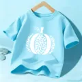 Light blue kids short sleeve t-shirt with white pumpkin graphic, comfortable casual children summer top. - Blue Cotton