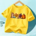 Camiseta amarilla de manga corta para niños estampado de calabaza otoño top casual infantil - Amarillo Lavado