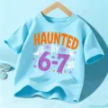 Kids Halloween short sleeve t-shirt, light blue graphic tee for boys and girls festival wear. - Blue Cotton