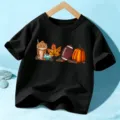 Kids black short sleeve t-shirt autumn pumpkin maple leaf graphic print top for kids - 110cm / Cotton Style Black