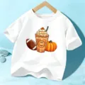Kinder Kürbis Gewürz Grafik Kurzarm T-Shirt, lässiges Herbst Festtags Top für Jungen und Mädchen. - 110cm / Baumwolle Weiß