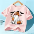 Kinder süßes Halloween Geist Kurzarm T-Shirt, lässiges rosa Baumwoll-Oberteil für Jungen. - 110cm / Baumwolle Rosa