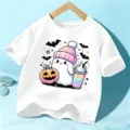 Cute Halloween cartoon ghost print short sleeve kids white t-shirt casual holiday tops - Cotton White / 110cm