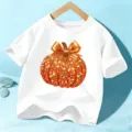 Kinder weißes Kurzarm T-Shirt mit glitzerndem orangefarbenem Kürbis Aufdruck. - 110cm / Oberteile / Baumwolle Weiß