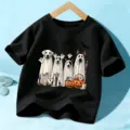 Παιδικό μαύρο Halloween t-shirt με σκυλιά φαντάσματα, casual κοντομάνικο παιδικό τοπ. - 110cm / Βαμβακερό Μαύρο