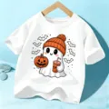 Kids Halloween short sleeve t-shirt, cute ghost graphic cartoon top for boys and girls. - 110cm / White Cotton