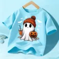 Kids short sleeve t-shirt with cute Halloween ghost graphic, casual children summer top. - Blue