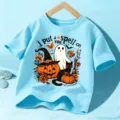 Kids Halloween short sleeve t-shirt, light blue graphic top for boys and girls festival. - Blue Cotton