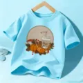 T-shirt manica corta azzurro bambino autunno zucca caffè stampa top casual per ragazzi e ragazze - Cotone Blu