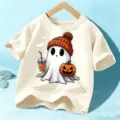 Kids Halloween cute ghost t-shirt short sleeve beige casual holiday top for boys and girls. - Apricot