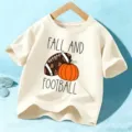 T-shirt manches courtes automne enfant avec imprimé football citrouille, haut coton décontracté - Coton Beige