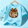 Kids blue short sleeve t-shirt with autumn pumpkin bow graphic, perfect for Halloween festive wear. - Blue Cotton
