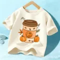 Enfants Halloween café citrouille t-shirt à manches courtes haut graphique automne mignon - Coton Beige